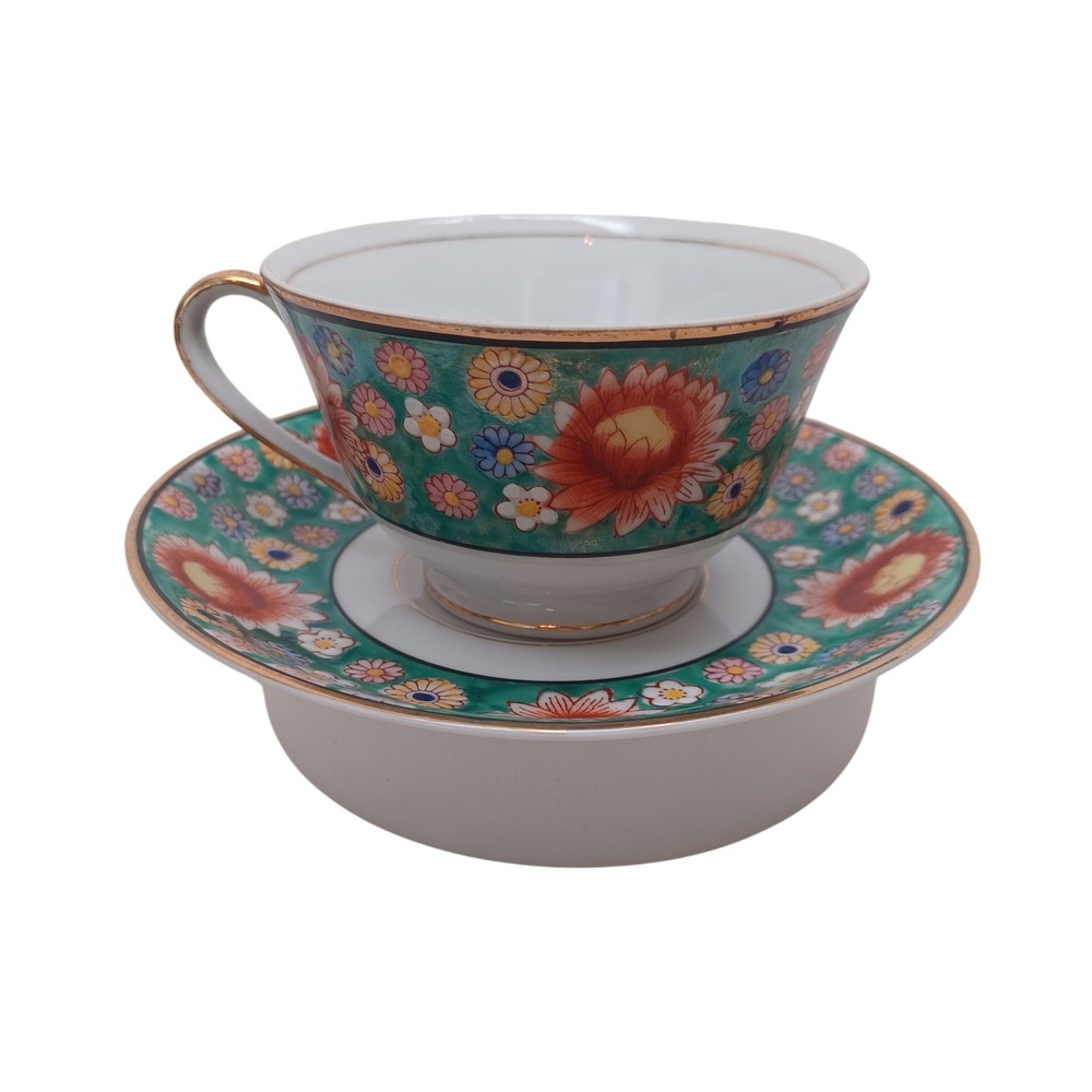Trimont China Hand Painted Occupied Japan Teacup and Saucer Set Teal Floral Gold